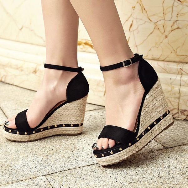 40-43 european and american bohemian rivet suede wedge heels for women's shoes straw platform high-heeled open-toed sandals, Black
40-43 european and american bohemian rivet suede wedge heels for women's shoes straw platform high-heeled open-toed sandals, Black