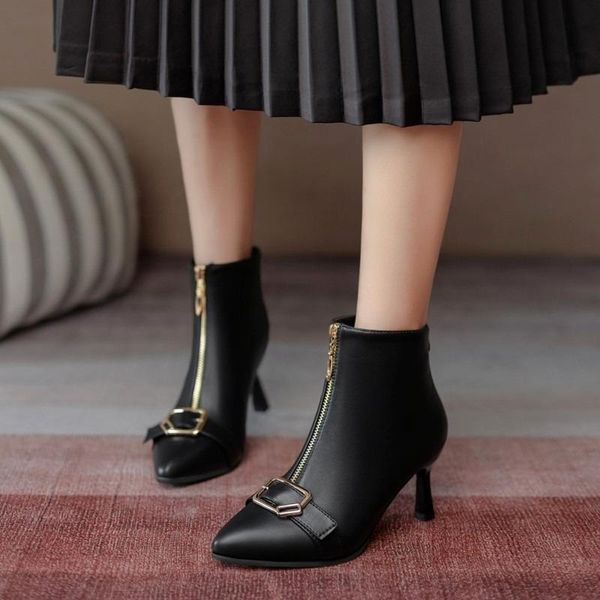 boots 2021 fashion women's with buckle pointed toe stiletto short section front and rear zipper high heels, Black
boots 2021 fashion women's with buckle pointed toe stiletto short section front and rear zipper high heels, Black
