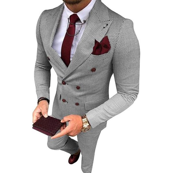 mens business suits 2 pieces double breasted houndtooth slim fit notch lapel plaid tweed prom tuxedos for wedding (blazer+pants) men's, White;black