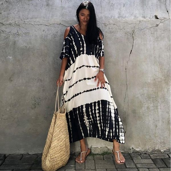bohemian white black striped summer womens dresses plus size clothes v neck cold shoulder lady loose n1244, Black;gray
bohemian white black striped summer womens dresses plus size clothes v neck cold shoulder lady loose n1244, Black;gray