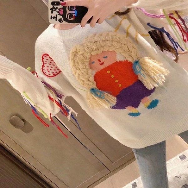 sweater female white shirt autumn winter korean style lazy wind and fine design of cartoon jacquard nightgown, White;black
sweater female white shirt autumn winter korean style lazy wind and fine design of cartoon jacquard nightgown, White;black