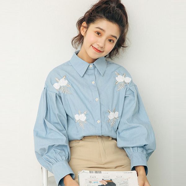 women's blouses & shirts autumn korea fashion women lantern sleeve loose casual flower embroidery vintage denim female s170 j, White
women's blouses & shirts autumn korea fashion women lantern sleeve loose casual flower embroidery vintage denim female s170 j, White