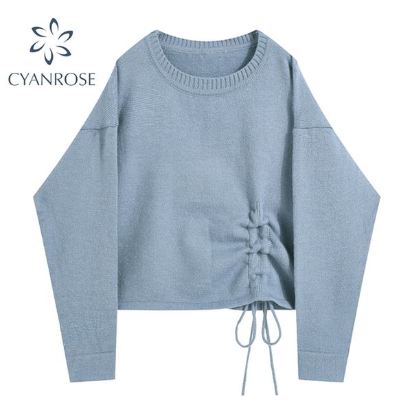spring women's crop pullover blue sweater drawstring lace up long sleeve o-neck jumper knitwear female rok loose knit 210515, White;black
spring women's crop pullover blue sweater drawstring lace up long sleeve o-neck jumper knitwear female rok loose knit 210515, White;black