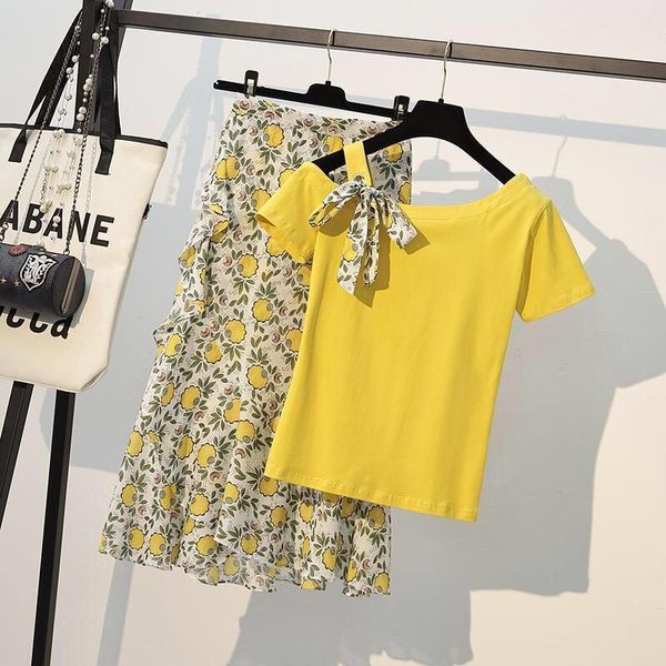 fashion summer two piece set women blue one shoulder bow t-shirt + plus size chiffon floral print ruffles skirt 4xl dress, White
fashion summer two piece set women blue one shoulder bow t-shirt + plus size chiffon floral print ruffles skirt 4xl dress, White