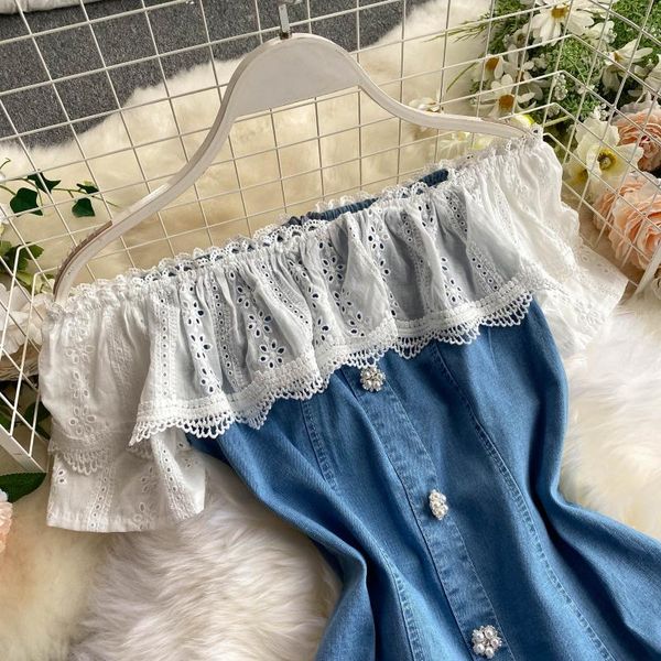 dresses summer women sweet hollow out ruffles slash neck off shoulder patchwork high waist vintage denim dress, Black;gray
dresses summer women sweet hollow out ruffles slash neck off shoulder patchwork high waist vintage denim dress, Black;gray