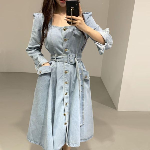 casual dresses korean long puff sleeve denim dress women spring autumn vintage square neck single-breasted tunic tiebelt wrap jeans, Black;gray
casual dresses korean long puff sleeve denim dress women spring autumn vintage square neck single-breasted tunic tiebelt wrap jeans, Black;gray