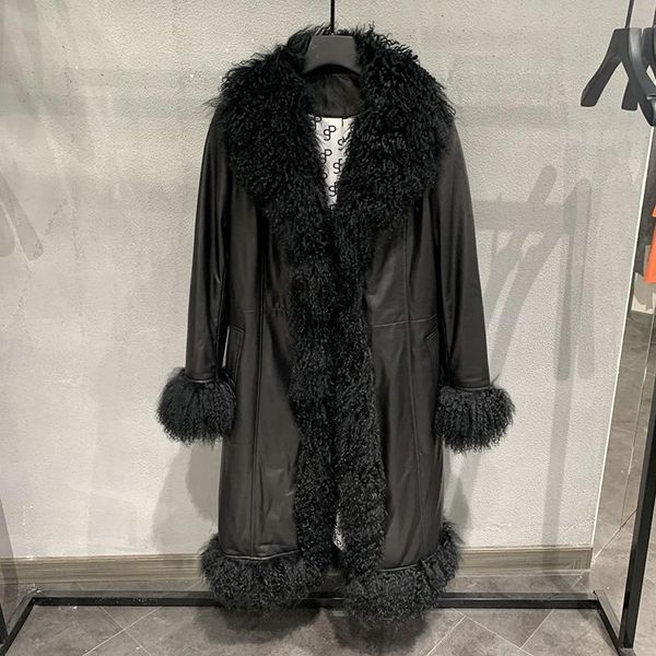 women's leather & faux trench coat long genuine sheepskin jacket real mongolian lamb fur collar cuff trim lady fashion outerwear gt3717, Black
women's leather & faux trench coat long genuine sheepskin jacket real mongolian lamb fur collar cuff trim lady fashion outerwear gt3717, Black