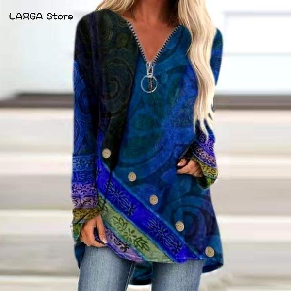 women's t-shirt oversized ladies long vintage blue printed zipper collar loose sleeve pullovers casual woman autumn clothing, White
women's t-shirt oversized ladies long vintage blue printed zipper collar loose sleeve pullovers casual woman autumn clothing, White