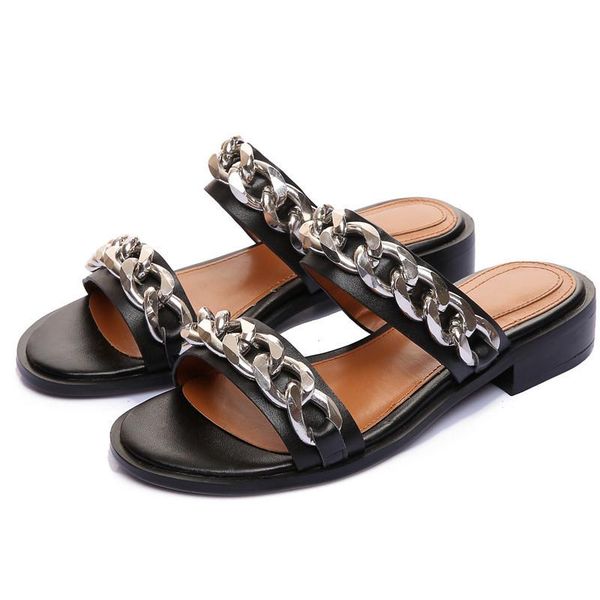 women flat slippers with metal chain shoes two strap slides genuine leather summer flip flops, Black
women flat slippers with metal chain shoes two strap slides genuine leather summer flip flops, Black