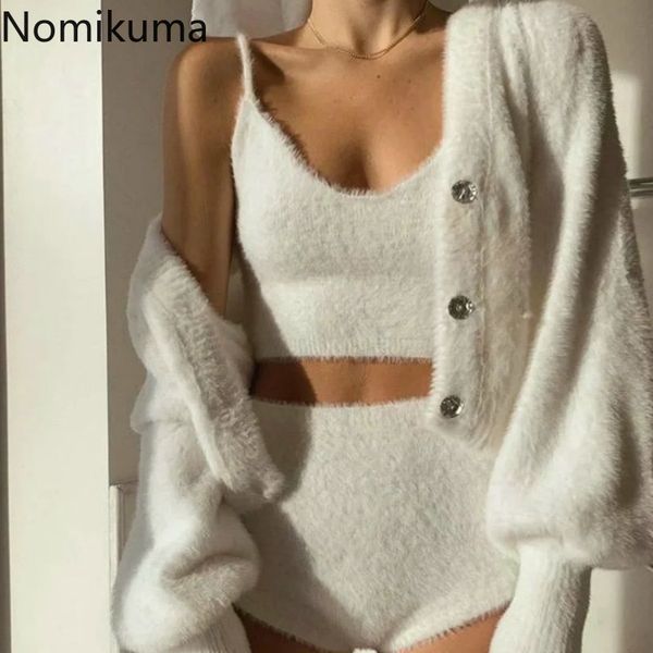 nomikuma korean mohair 3 pieces sweater sets long sleeve v-neck knitted coat + v-neck sleeveless vest + high waist shorts 6c587 210427, White
nomikuma korean mohair 3 pieces sweater sets long sleeve v-neck knitted coat + v-neck sleeveless vest + high waist shorts 6c587 210427, White