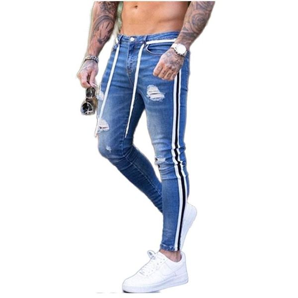men's jeans retro style elastic force side stripe slim stretch designer pants pencil, Blue
men's jeans retro style elastic force side stripe slim stretch designer pants pencil, Blue