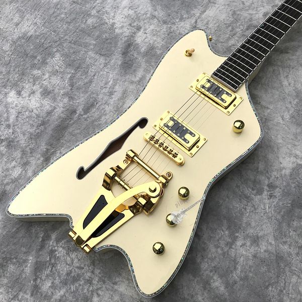 billy bo jupiter cream fire thunderbird semi hollow body electric guitar single f hole, abalone binding, bigs tremolo bridge, gold hardware
billy bo jupiter cream fire thunderbird semi hollow body electric guitar single f hole, abalone binding, bigs tremolo bridge, gold hardware