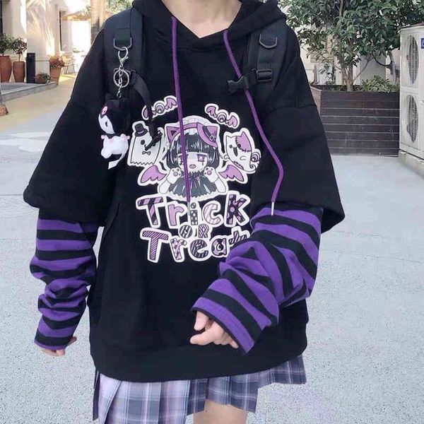women hoodie gothic fake two-piece punk e-girl sweet vintage striped cute cartoon print y2k streetwear harajuku oversize sweatshirt, Black
women hoodie gothic fake two-piece punk e-girl sweet vintage striped cute cartoon print y2k streetwear harajuku oversize sweatshirt, Black