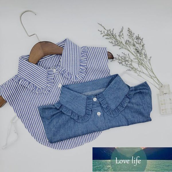 

minimalist stripes denim women detachable lapel fake collar cute doll ruffles lace splicing button down false half shirt blouse, Blue;purple