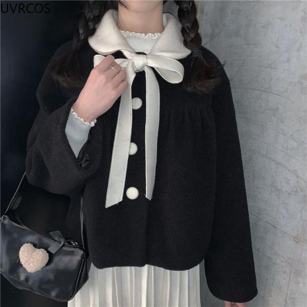 women's wool & blends winter kawai woolen short coat with strap women sweet bow loose jacket outwear designer autumn clothes korea lady, Black
women's wool & blends winter kawai woolen short coat with strap women sweet bow loose jacket outwear designer autumn clothes korea lady, Black