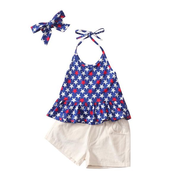 3pcs kids summer tracksuit girls star print lace-up halter neck tank + solid color shorts hairband 18m-6t clothing sets, White
3pcs kids summer tracksuit girls star print lace-up halter neck tank + solid color shorts hairband 18m-6t clothing sets, White