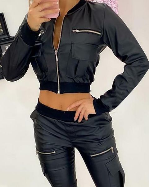 women's jackets 2021 pu leather zipper pocket design long sleeve jacket black crop korean fashion clothes for women, Black;brown
women's jackets 2021 pu leather zipper pocket design long sleeve jacket black crop korean fashion clothes for women, Black;brown