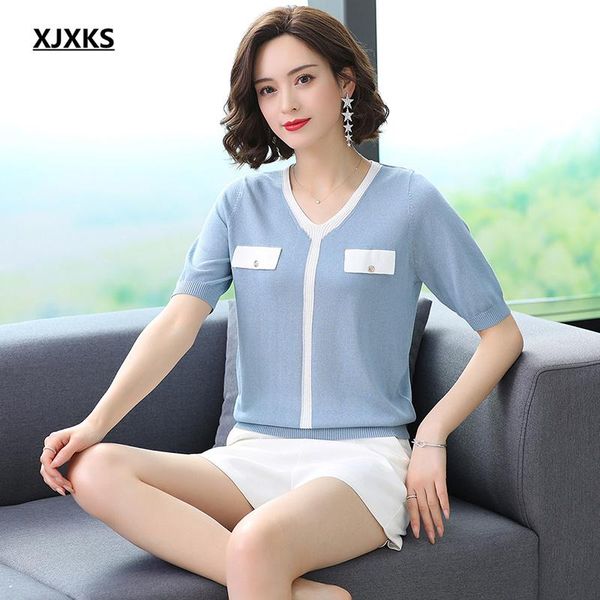 women's t-shirt xjxks 2021 summer fashion v-neck women comfortable casual thin knitted short sleeve, White
women's t-shirt xjxks 2021 summer fashion v-neck women comfortable casual thin knitted short sleeve, White