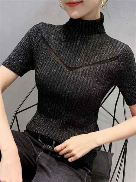 women's sweaters autumn perspective short t-shirt slim half sleeve high collar hollow out sweater zhs5, White;black
women's sweaters autumn perspective short t-shirt slim half sleeve high collar hollow out sweater zhs5, White;black