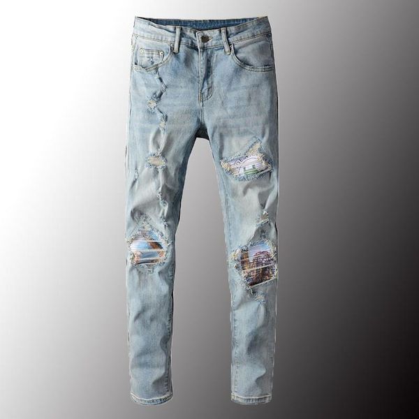 men's jeans men printed patch lightblue biker streetwear slim skinny patchwork gaten ripped stretch denim broek plus size 40, Blue
men's jeans men printed patch lightblue biker streetwear slim skinny patchwork gaten ripped stretch denim broek plus size 40, Blue
