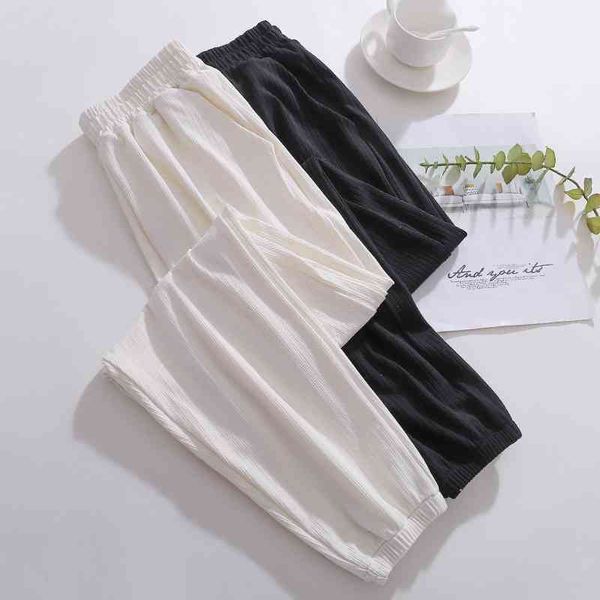 casual white ice silk pants women spring summer elastic waist solid basic retro loose women's harem trousers 210603, Black;white 
casual white ice silk pants women spring summer elastic waist solid basic retro loose women's harem trousers 210603, Black;white