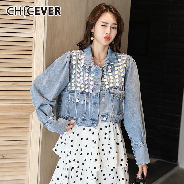 women's jackets chicever casual blue patchwork sequin denim coat for women lapel long sleeve short slim females spring fashion 2021, Black;brown
women's jackets chicever casual blue patchwork sequin denim coat for women lapel long sleeve short slim females spring fashion 2021, Black;brown