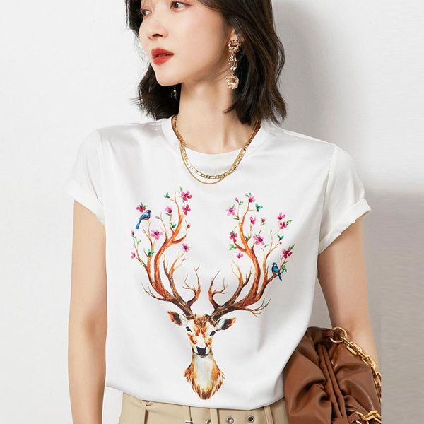 women's t-shirt 2021 summer satin short-sleeved french design sense of temperament casual female printing loose and thin top, White
women's t-shirt 2021 summer satin short-sleeved french design sense of temperament casual female printing loose and thin top, White