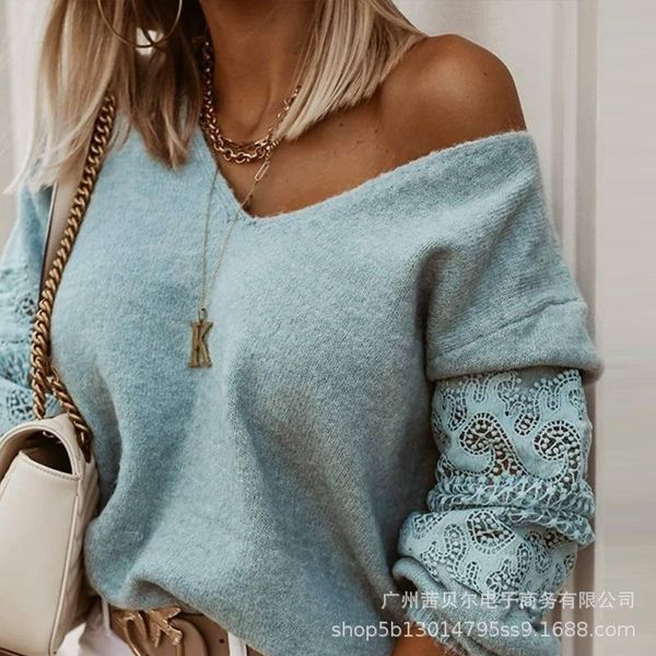 women's sweaters wepbel solid color loose jumpers knitted blue lace sweater women v-neck long sleeve female autumn pullover, White;black
women's sweaters wepbel solid color loose jumpers knitted blue lace sweater women v-neck long sleeve female autumn pullover, White;black