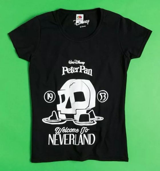 official women's black welcome to neverland peter pan fitted t-shirt, White;black