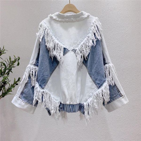 women's jackets 2021 spring fashion lady denim jacket patched colors batwing type tassels streetwear loose women jean coat, Black;brown 
women's jackets 2021 spring fashion lady denim jacket patched colors batwing type tassels streetwear loose women jean coat, Black;brown