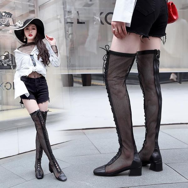 boots women's summer breathable leather semi-high heeled mesh hollow belt heel over the knee women shoes, Black
boots women's summer breathable leather semi-high heeled mesh hollow belt heel over the knee women shoes, Black