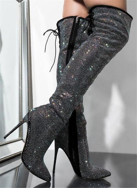boots women luxurious bling pointed toe rhinestone thin heel over knee back lace-up black crystal high long
boots women luxurious bling pointed toe rhinestone thin heel over knee back lace-up black crystal high long
