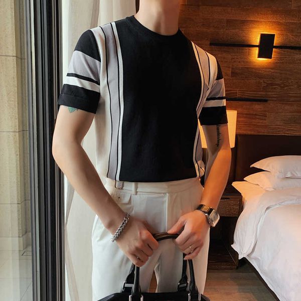 summer men's t shirt short-sleeved knitted t shirts british trend slim round neck ice silk t-shirt striped casual tee 210527, White;black
summer men's t shirt short-sleeved knitted t shirts british trend slim round neck ice silk t-shirt striped casual tee 210527, White;black