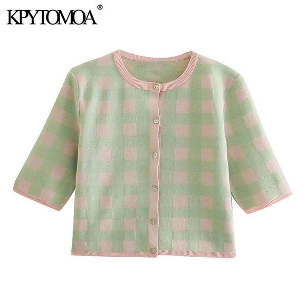 women fashion check cropped knitted cardigan sweater vintage short sleeve button-up female outerwear chic 210416, White;black
women fashion check cropped knitted cardigan sweater vintage short sleeve button-up female outerwear chic 210416, White;black