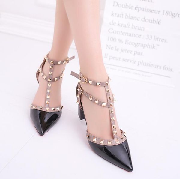 summer pointed patent leather rivet buckle sandals thick with heel wild thin women's shoes size 34-42 chaussure femme, Black
summer pointed patent leather rivet buckle sandals thick with heel wild thin women's shoes size 34-42 chaussure femme, Black