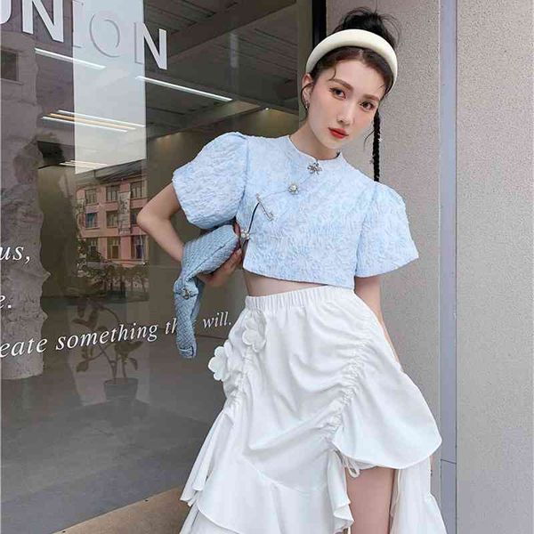 women's knits & tees jacquard vintage summer elegant blouse women blue puff sleeve crop ladies short cheongsam 4gkg, White
women's knits & tees jacquard vintage summer elegant blouse women blue puff sleeve crop ladies short cheongsam 4gkg, White