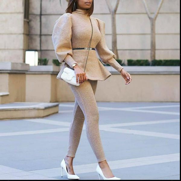 womens tracksuits women khaki 2 pieces set long lantern sleeve pullover waist belt slim pants elastic high collar autumn, Gray
womens tracksuits women khaki 2 pieces set long lantern sleeve pullover waist belt slim pants elastic high collar autumn, Gray