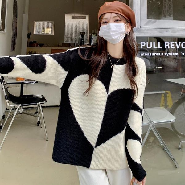 women's sweaters o neck chic hit color heart jacquard sweater fall fashion tide long sleeve pullover loose casual knitted woman, White;black
women's sweaters o neck chic hit color heart jacquard sweater fall fashion tide long sleeve pullover loose casual knitted woman, White;black
