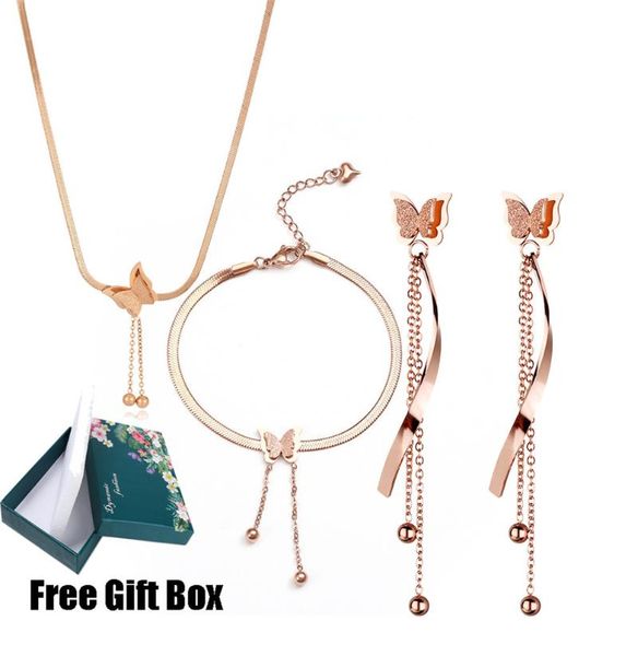 earrings & necklace 316l stainless steel tassel butterfly stud bracelet set rose gold colorless wedding jewelry gift box, Silver
earrings & necklace 316l stainless steel tassel butterfly stud bracelet set rose gold colorless wedding jewelry gift box, Silver