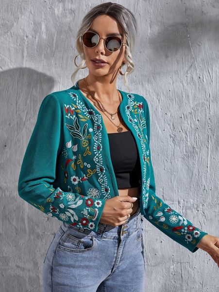 open front floral embroidery jacket a8ki#, Black;brown
open front floral embroidery jacket a8ki#, Black;brown