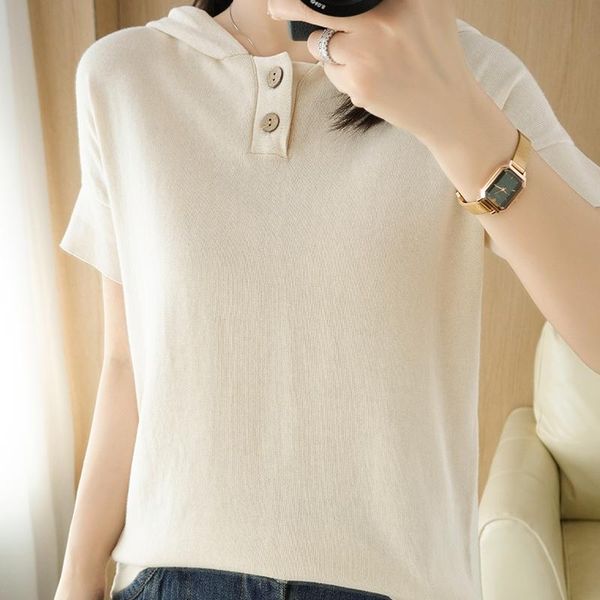 women's t-shirt lafarvie summer cotton women t shirt hooded button short sleeve caual loose knit femme 2021 fashion clothing solid col, White
women's t-shirt lafarvie summer cotton women t shirt hooded button short sleeve caual loose knit femme 2021 fashion clothing solid col, White