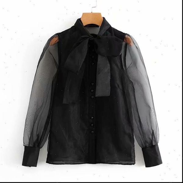 women vintage womens shirt transparent bow tied collar casual black organza blouse business feminina blusas chic, White
women vintage womens shirt transparent bow tied collar casual black organza blouse business feminina blusas chic, White
