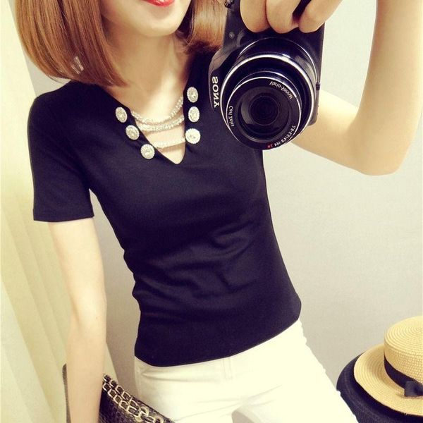 women's t-shirt 2021 summer heavy industry bright drill hollow v-neck short sleeve slim with thin shirt as base, White
women's t-shirt 2021 summer heavy industry bright drill hollow v-neck short sleeve slim with thin shirt as base, White
