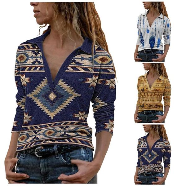 women's t-shirt vintage print t-shirts femme long-sleeved v-neck tee fashion printed casual lady geometric t shirt l3, White 
women's t-shirt vintage print t-shirts femme long-sleeved v-neck tee fashion printed casual lady geometric t shirt l3, White