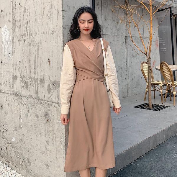 casual dresses yamdi vintage high waist 2021 dress women elegant woman party a-line spring summer korean patchwork v neck vestidos lady, Black;gray 
casual dresses yamdi vintage high waist 2021 dress women elegant woman party a-line spring summer korean patchwork v neck vestidos lady, Black;gray