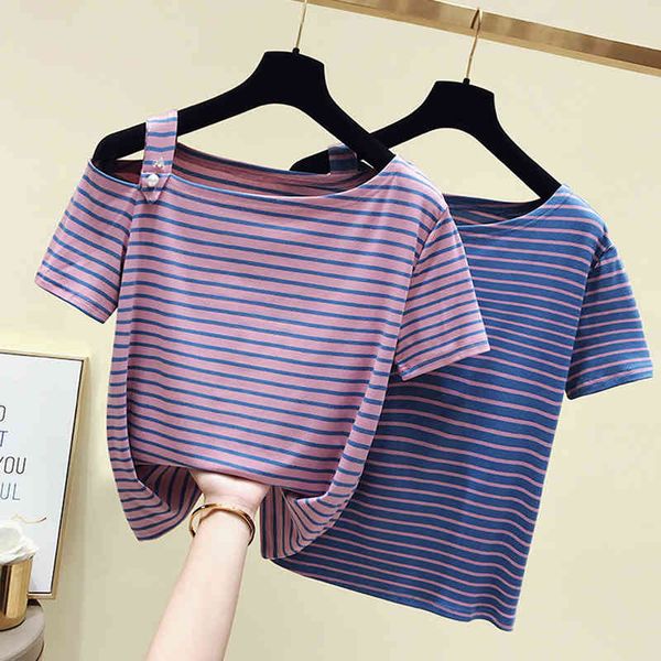 women's t-shirt t women summer button slash neck striped tshirt woman cotton off shoulder korean clothes tee femme uhdd, White
women's t-shirt t women summer button slash neck striped tshirt woman cotton off shoulder korean clothes tee femme uhdd, White