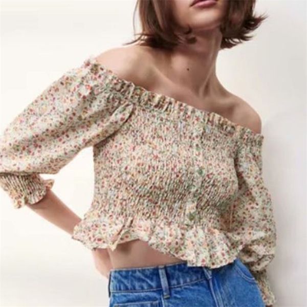 women summer short blouses shirts off shoulder print fashion ruffles elastic bust female street slim blusas 210513, White
women summer short blouses shirts off shoulder print fashion ruffles elastic bust female street slim blusas 210513, White