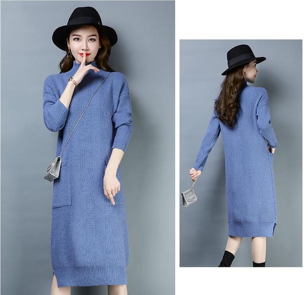 casual dresses autumn winter women sweater turtleneck knitted dress fashion pocket split lady long sleeve knitting, Black;gray