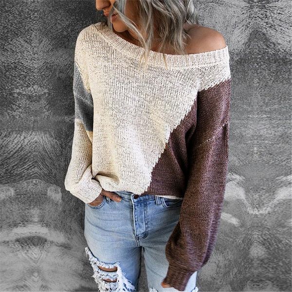 women's knits & tees 2021 patchwork knitted sweater one shoulder long sleeve color block women, White
women's knits & tees 2021 patchwork knitted sweater one shoulder long sleeve color block women, White