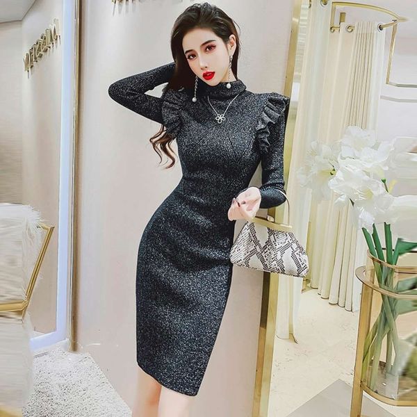 edge high neck bright silk knitted dress women's spring slim wrap hip skirt, Black;gray
edge high neck bright silk knitted dress women's spring slim wrap hip skirt, Black;gray